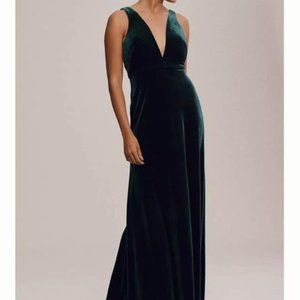 Jenny Yoo Logan Deep-V Velvet Column Gown Emerald Size 4